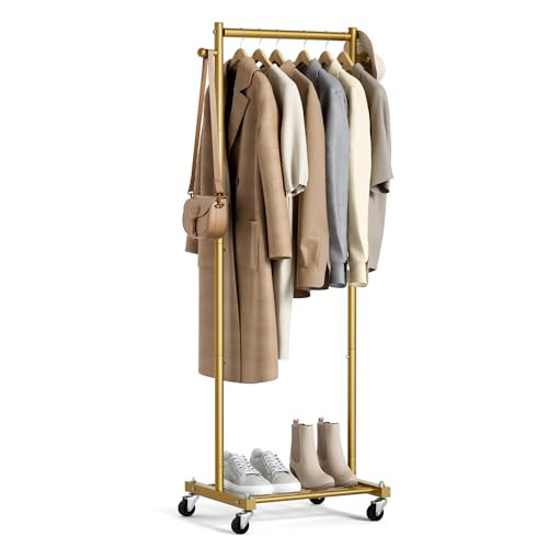 MISSLO Small Clothes Racks for Hanging Clothes Clothing Rack with Wheels 60" Garment Rack with Shelves Portable Rolling Wardrobe Rack for Small Space (Gold) | Amazon (US)