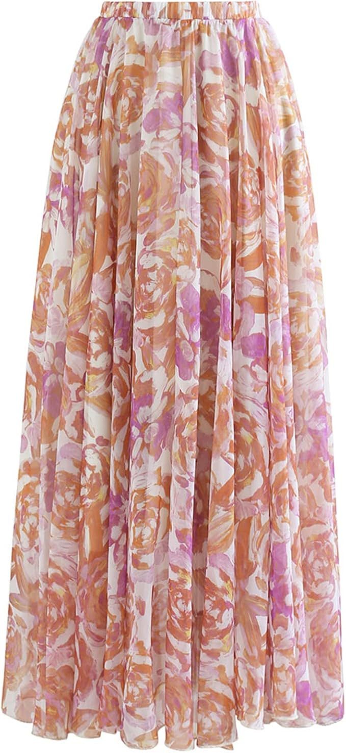 CHICWISH Women's Floral Watercolor Flower Maxi Floral Chiffon Slip Skirt | Amazon (US)