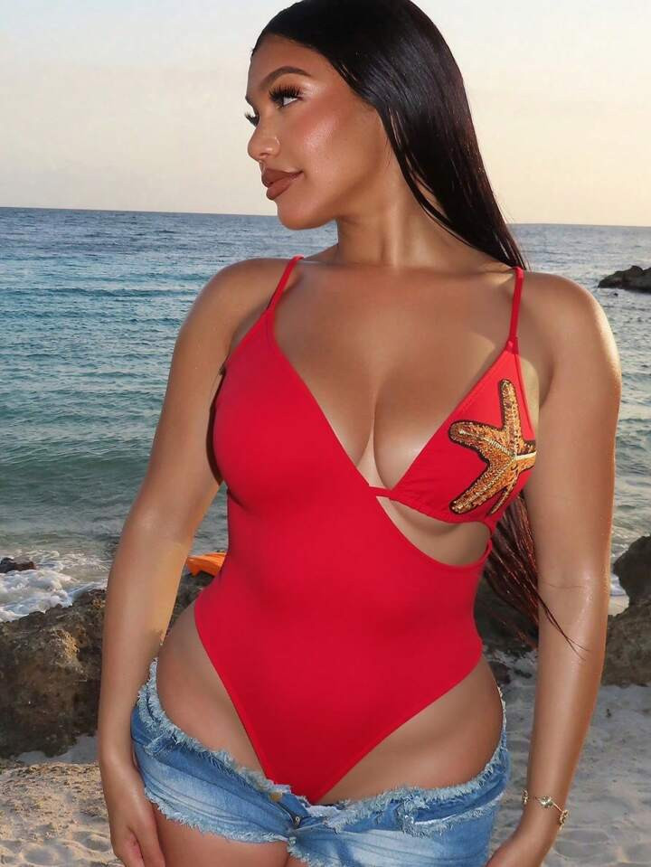 Swim SXY Women's Solid Color Halter Backless Asymmetrical Starfish Sexy Swimsuit, Beach/Summer Vacation | SHEIN