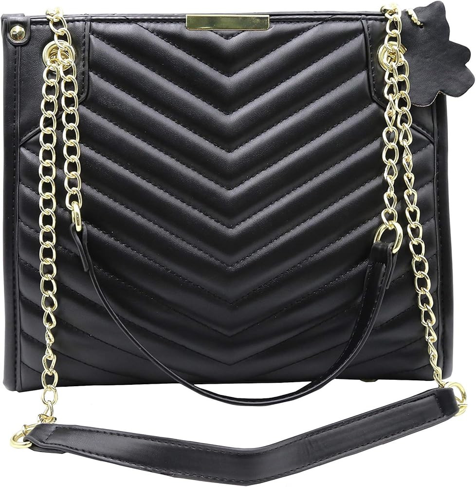 Quilted Shoulder Bag black leather handbag designer Crossbody tote purse with Chain Strap for wom... | Amazon (US)
