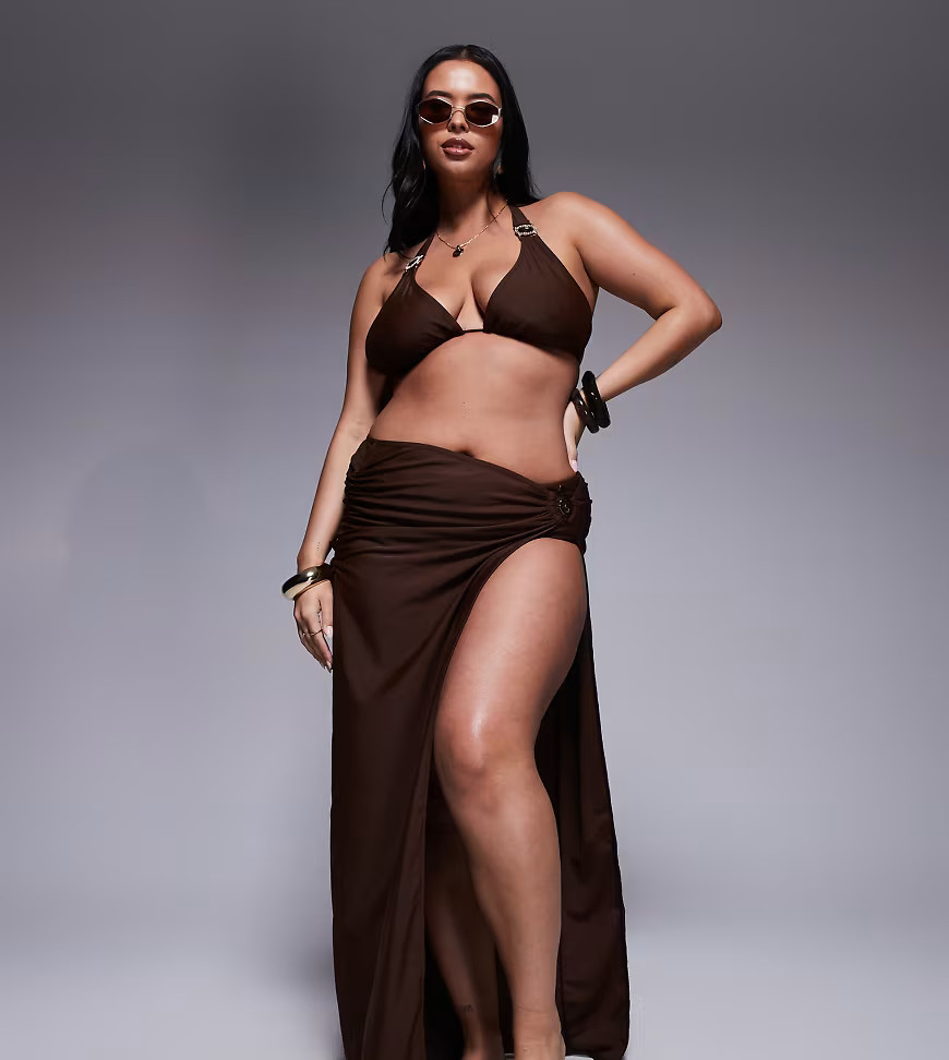 Moda Minx Curve wrap maxi skirt in brown | ASOS (Global)