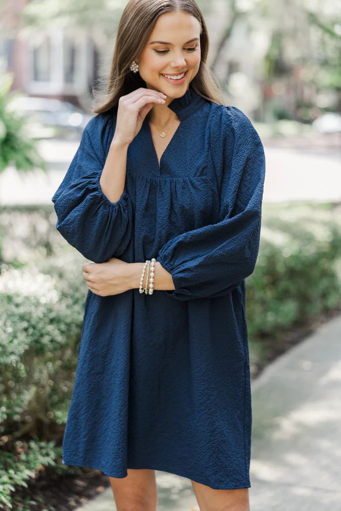 Above And Beyond Navy Blue Textured Shift Dress | The Mint Julep Boutique