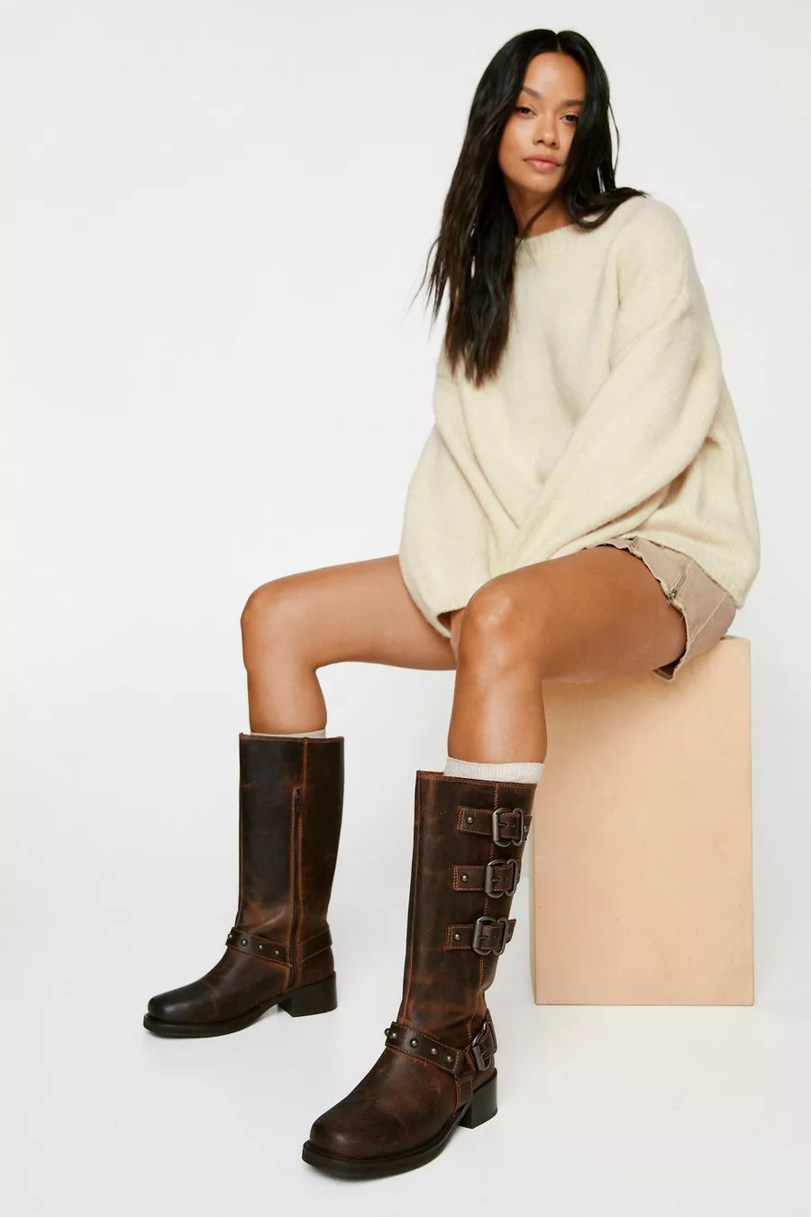 Tarnished Leather Multi Buckle Harness Knee High Boots | Nasty Gal (US)