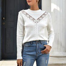 Guipure Lace Insert Cable Knit Sweater | SHEIN