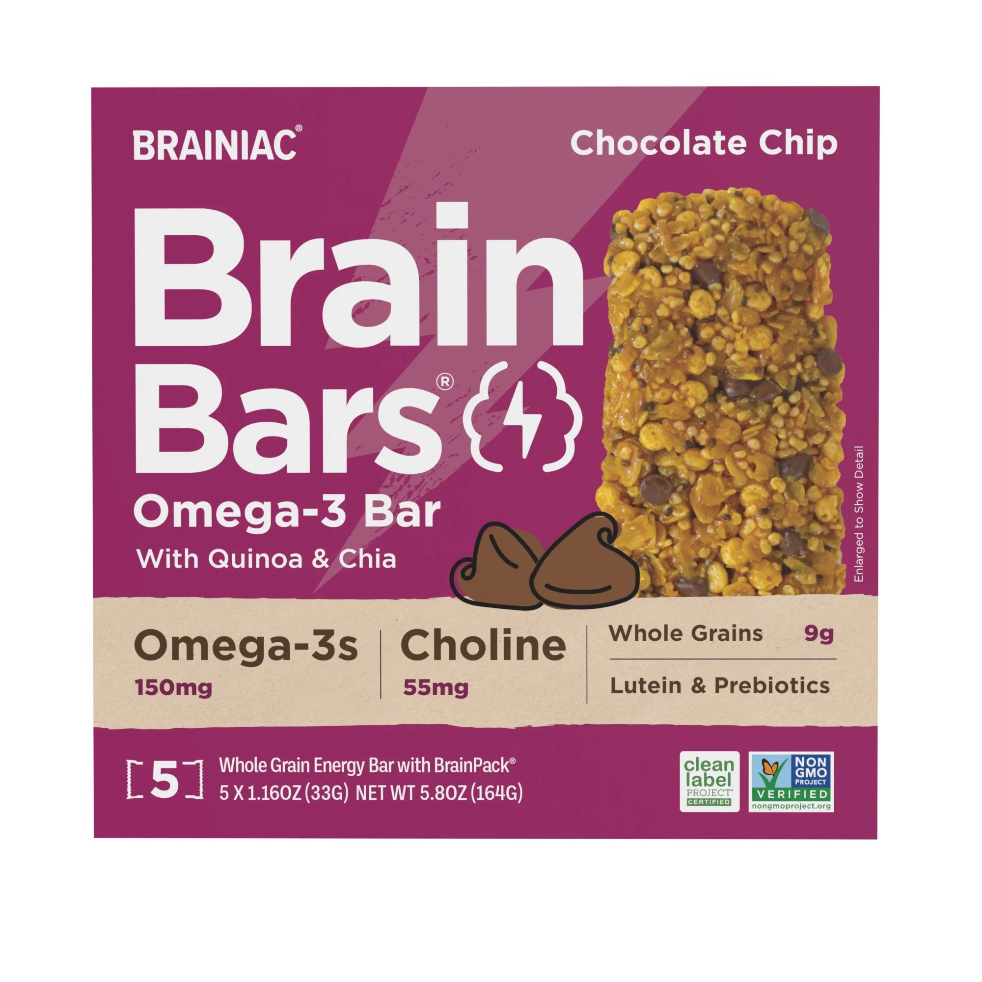 Brainiac Brain Bars, Chocolate Chip Whole Grain Omega-3 Bars, Gluten-Free, Clean Label, 5-ct - Wa... | Walmart (US)