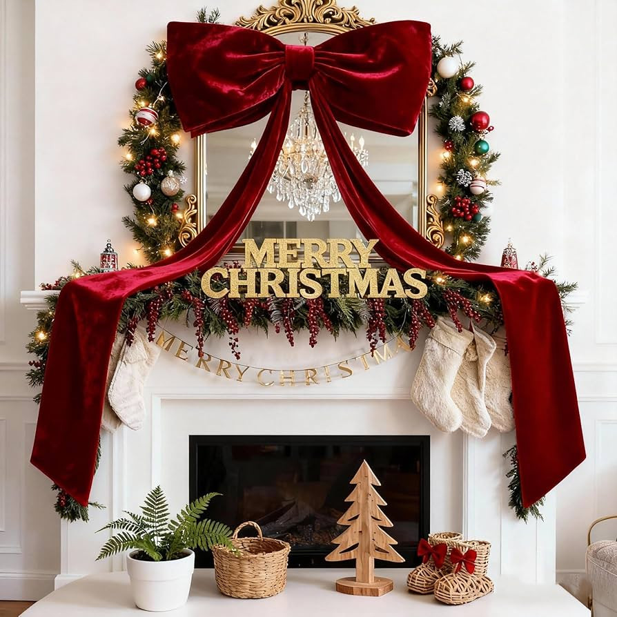 Large Christmas Bows 6 ft, Big Velvet Bow for Tree Topper, Wreath, Front Door, Mantel, Porch Deco... | Amazon (US)