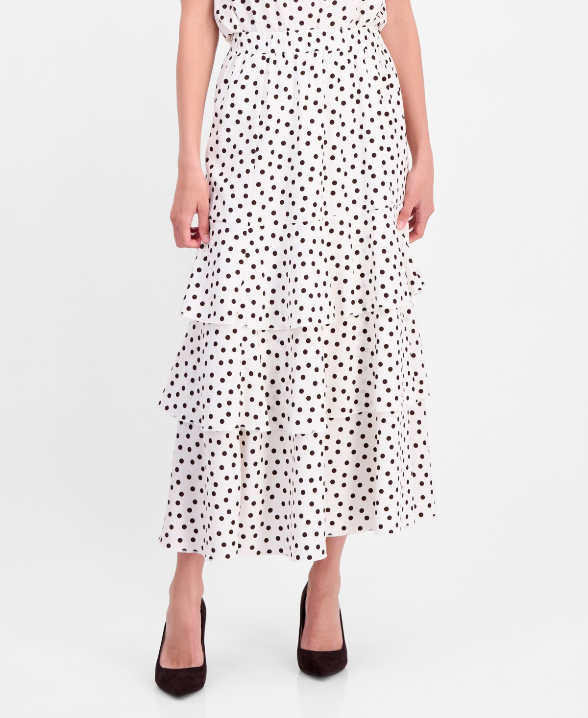 Anne Klein Women's Polka-Dot Pull-On Tiered Skirt - White Dove / Dark Chocolate | Macy's