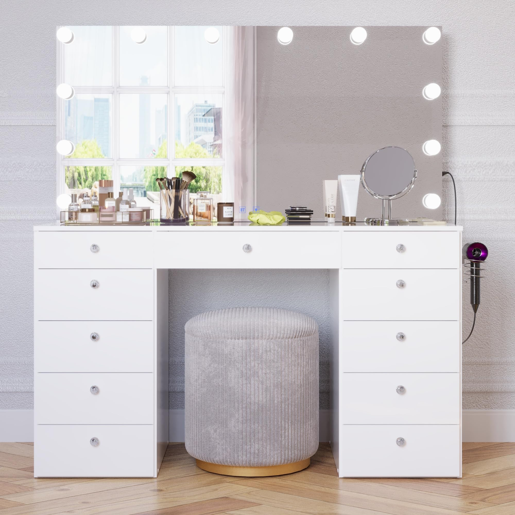Boahaus Orla - Glass Top Large Vanity Desk w/Bluetooth Speaker, 12 Hollywood Lights, 11 Drawers, ... | Amazon (US)