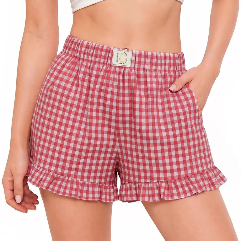 Dakimoe Women's Pajama Shorts with Ruffle Hem, Gingham Plaid Boxer Sleep Shorts & Lounge Shorts | Walmart (US)