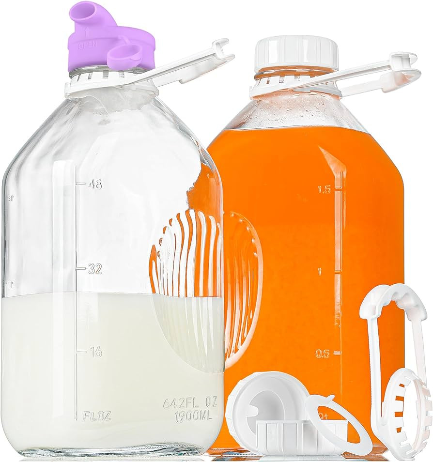 2 Pack 64 Oz Heavy Duty Glass Milk Bottle with Pour Spout and Reusable Airtight SCREW LID, 2 Qt G... | Amazon (US)