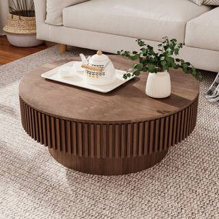 Leigh 31.5 in. Brown Round MDF Wood Coffee Table with Storage, Fluted Design, Walnut | The Home Depot