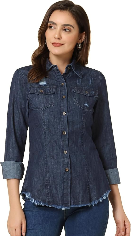 Allegra K Women's Jean Shirts Spring Casual Long Sleeve Button Down Frayed Distressed Denim Shirt | Amazon (US)