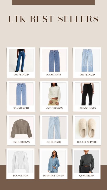 LTK best sellers this week 🫶🏼 Abercrombie style, abercrombie jeans, abercrombie best sellers, 90s relaxed, 90s relaxed jeans, loose jeans, 90s jeans, baggy jeans, lounge pants, lounge top, boucle slippers, sherpa slippers, cropped cardigan, button down denim shirt, lounge outfits
