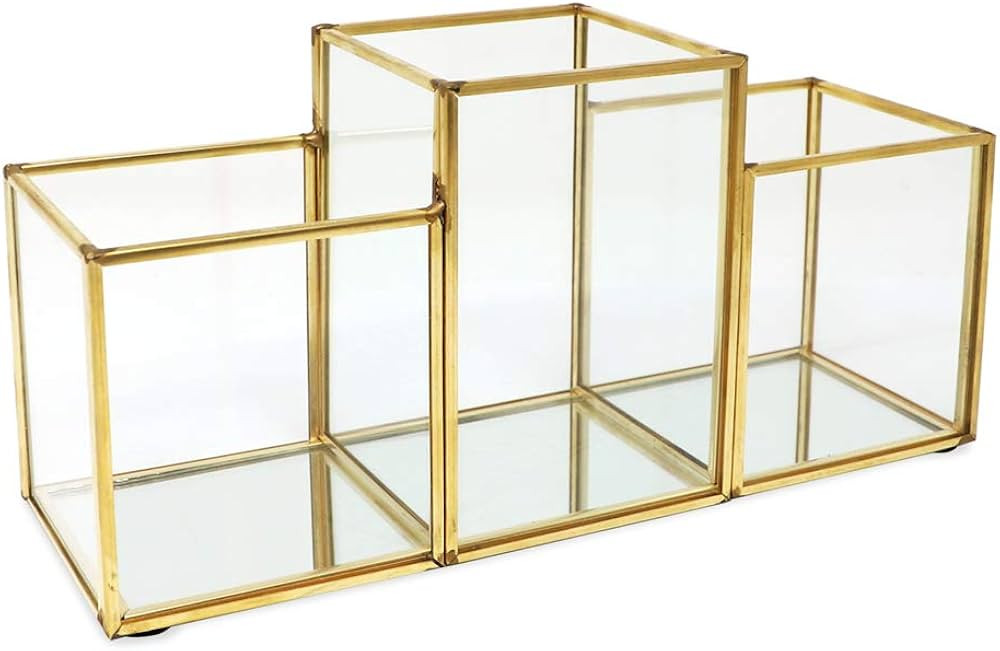 Isaac Jacobs 3-Compartment Makeup Brush Holder, Vintage Style Brass and Glass Organizer, (9.3” ... | Amazon (US)