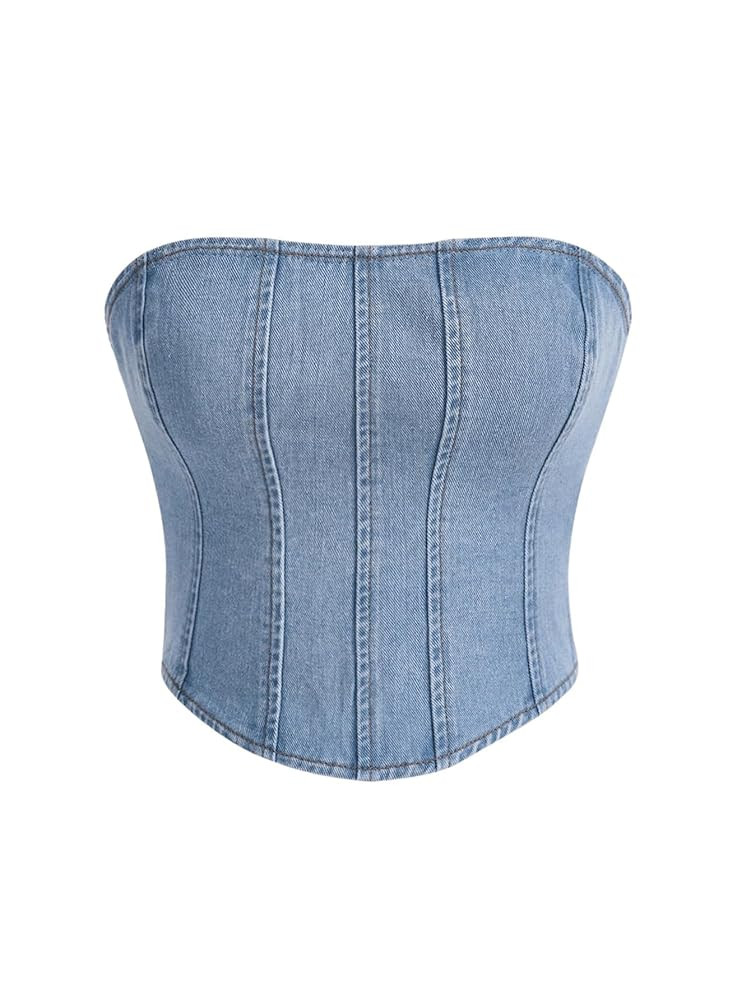 WDIRARA Women's Denim Tube Top Strapless Sleeveless Zip Back Bandeau Crop Top | Amazon (US)