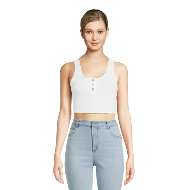No Boundaries Crop Henley Tank Top, Women's and Women's Plus | Walmart (US)