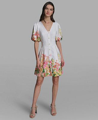 Women's Floral Border Linen Puff-Sleeve Dress | Macy's