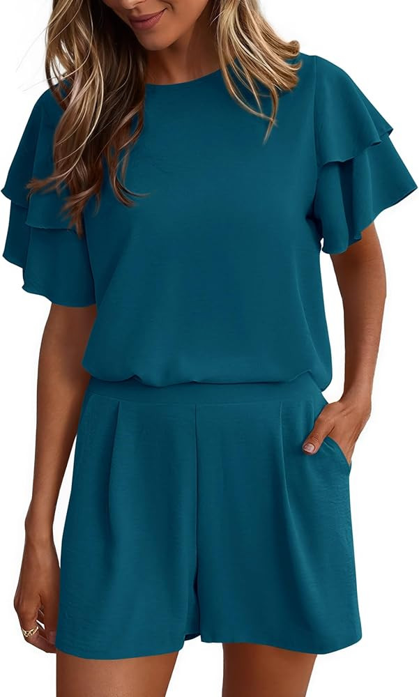 KIRUNDO Two Piece Sets For Women Summer Casual Loose Ruffle Short Sleeve Matching Shorts Sets Bea... | Amazon (US)