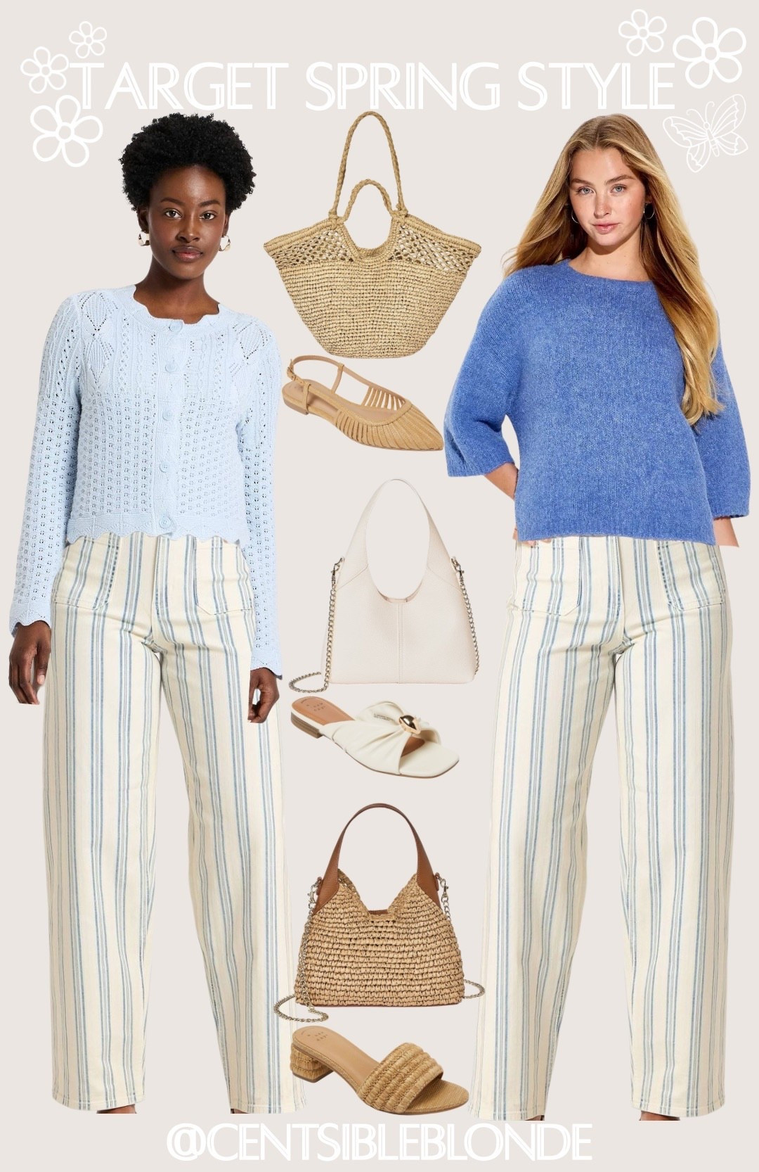 Spring outfit ideas from @Target 
spring style, target style, target outfit, spring outfit, high waisted jeans, striped jeans, blue cardigan, blue sweater, spring transition, spring sandals, rattan sandals, straw bag, spring handbag, slide sandals, church outfit, casual Friday, target jeans, cream handbag, cream sandals 

#LTKootd #LTKMidsize #LTKSeasonal