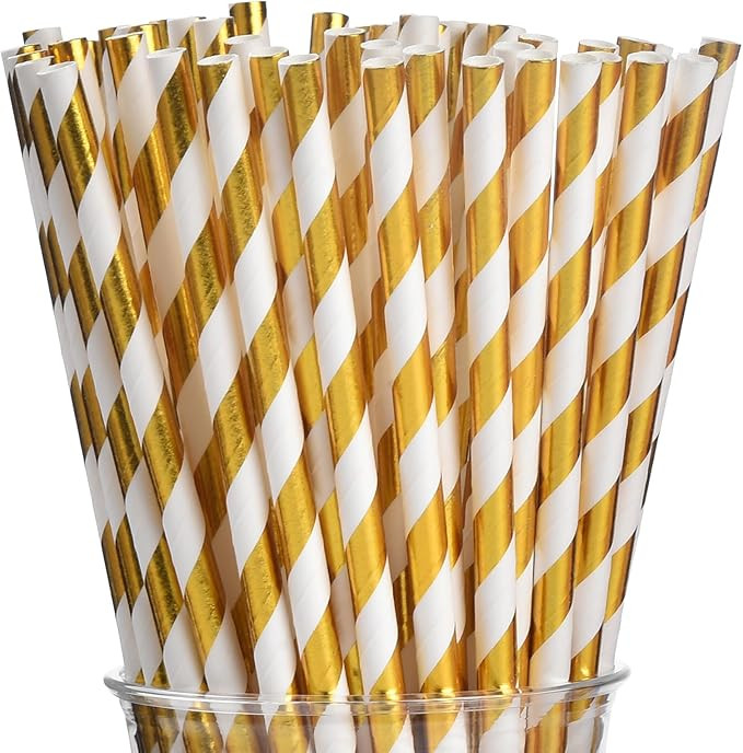 ALINK 100 White and Gold Striped Paper Straws, Biodegradable Disposable Drinking Straws for Birth... | Amazon (US)