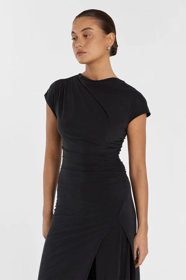 RIO CHARCOAL DRAPED TUNIC KNIT TOP | DISSH
