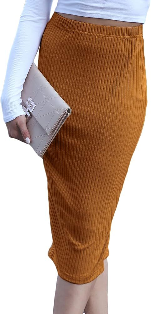 Newchoice Women's Knit Skirt Midi Length Split Stretchy Ribbed Bodycon Pencil Skirts | Amazon (US)