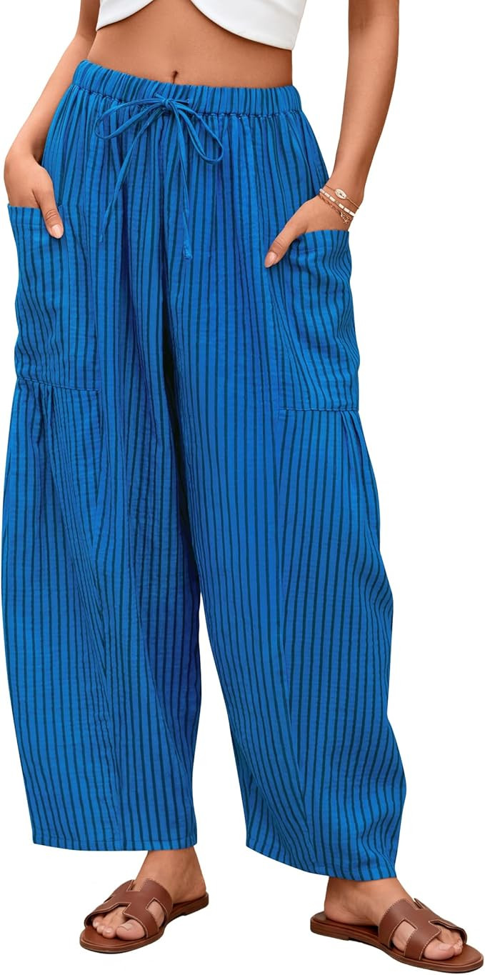ZESICA Women’s Striped Wide Leg Palazzo Harem Pants 2026 Summer Drawstring Baggy Lounge Beach T... | Amazon (US)