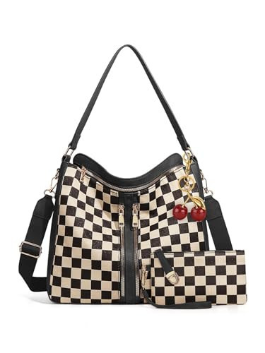 Duyijiff Checkered Purse Hobo Handbags for Women Checkered Crossbody Bags Plaid Shoulder Bag Tote Purse with Cherry (Black) | Amazon (US)