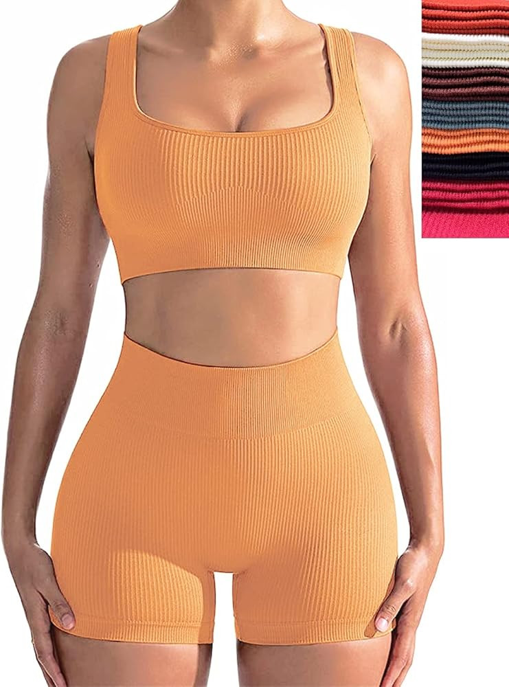 Workout Sets for Women, Seamless Crop Tops Leggings Matching 2 Pieces Outfits, Sexy Two Piece Yoga W | Amazon (US)