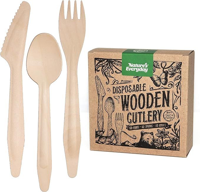 Large Full-Size Disposable Wooden Cutlery Sets | 180 Extra Strong Deluxe Pieces (60 Forks, 60 Spo... | Amazon (US)