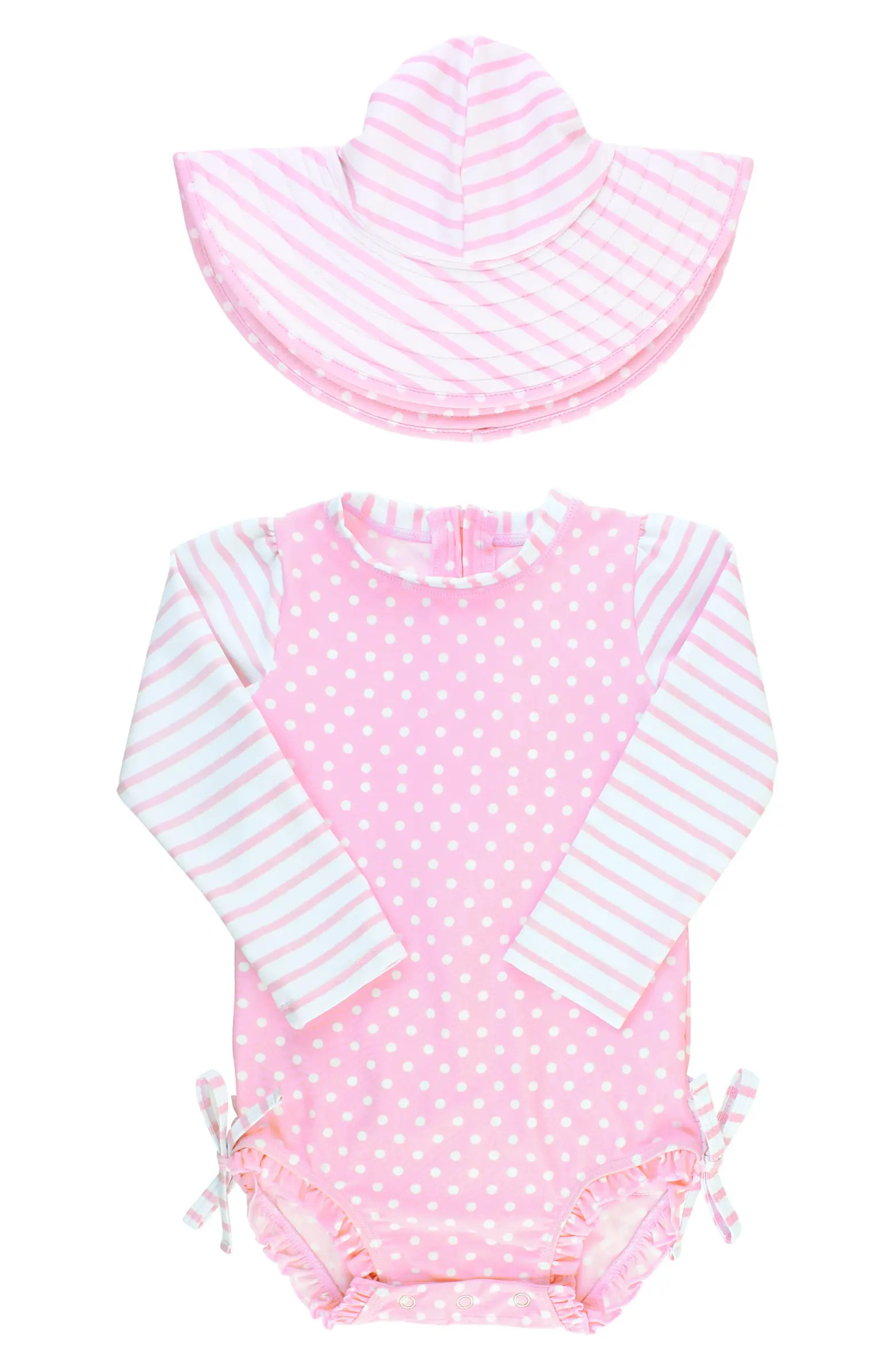 RuffleButts Ruffle Butts Polka Dot One-Piece Rashguard Swimsuit & Sun Hat Set | Nordstrom | Nordstrom