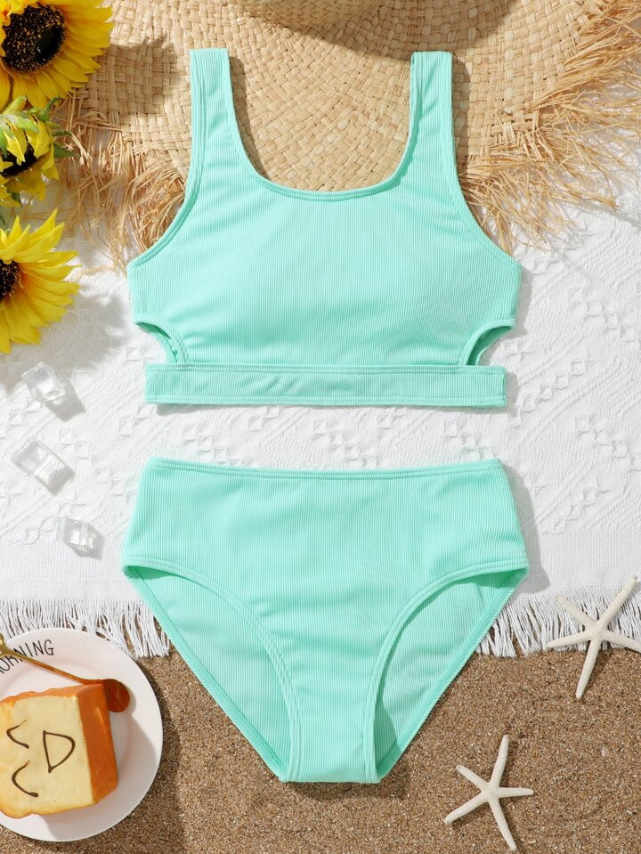 Tween Girl Solid Ribbed Bikini Swimsuit | SHEIN