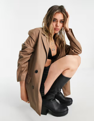 Bershka double breasted oversized blazer in chocolate | ASOS (Global)
