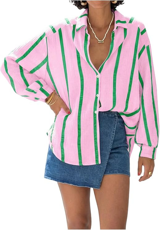 WDIRARA Women's Striped Button Down Shirts Collared Long Sleeve Blouse Oversized Tops | Amazon (US)