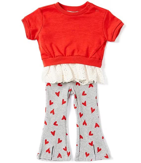 Baby Girls 12-24 Months Short Sleeve Valentine's Day Twofer Top & Heart Printed Flared Leg Pants ... | Dillard's
