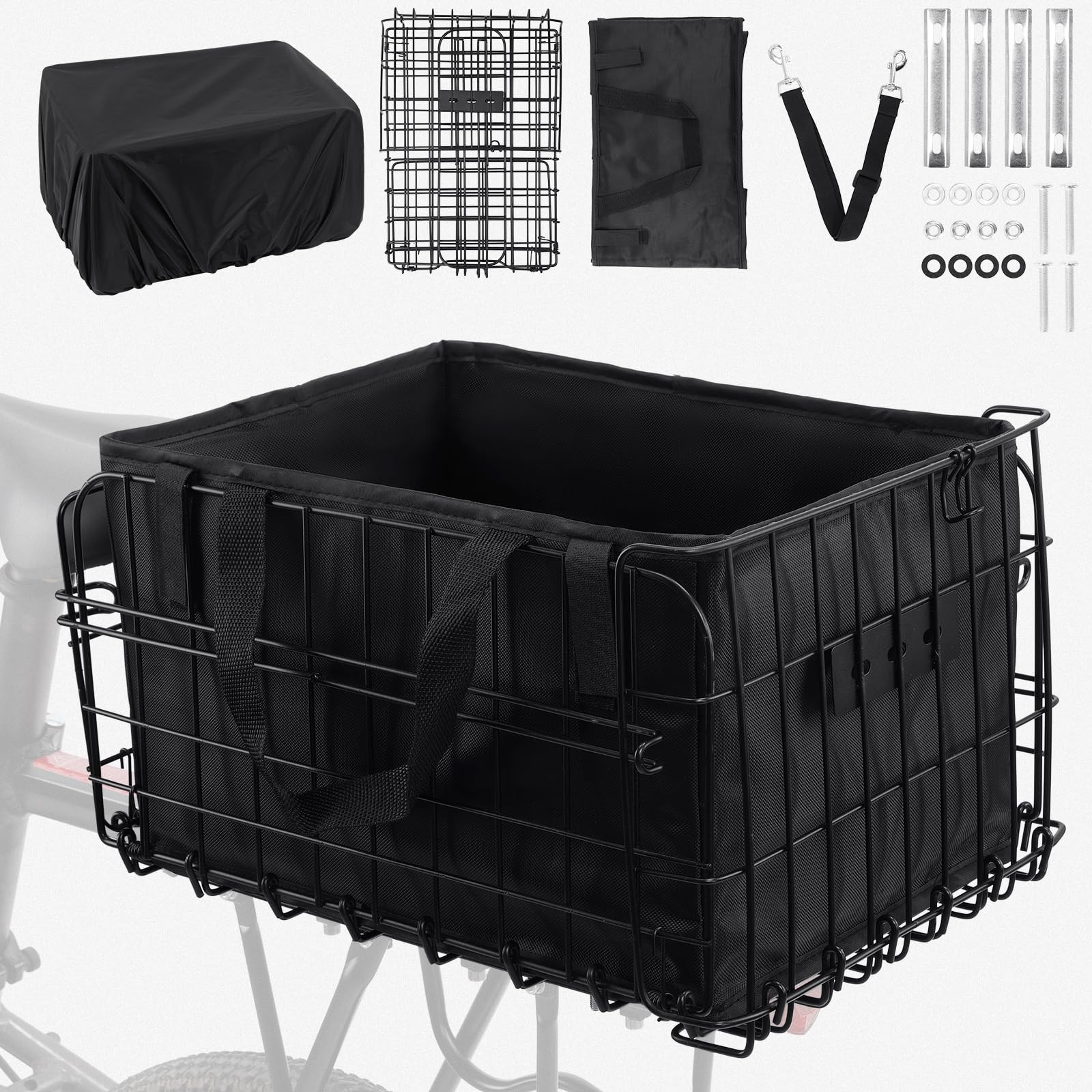 Bike Basket Rear, Folding Rear Bicycle Basket with Liner Bag, Waterproof Cover & Cargo Net, 56lbs... | Amazon (US)