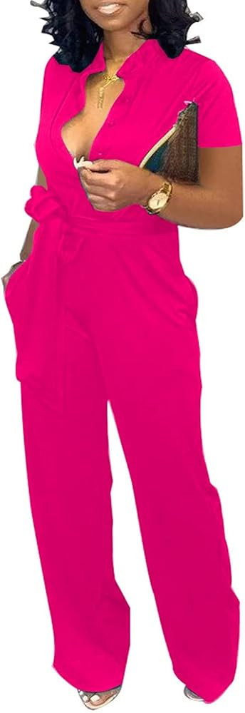 Xinlees Women‘s Elegant Jumpsuit Casual Stand Collar Button Down Long Pants Rompers Straight Cl... | Amazon (US)