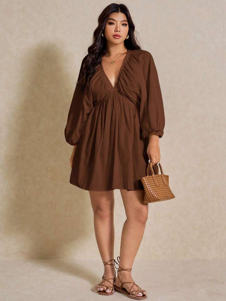 Elaquor Plus Size Women's Fashionable V-Neck 3/4 Sleeve Short Dress | SHEIN