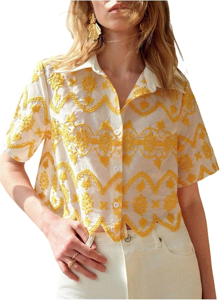 SweatyRocks Women's Short Sleeve Button Down Collared Blouses Boho Summer Embroidery Crop Top | Amazon (US)