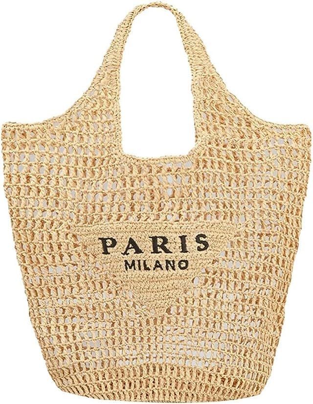 Straw Mesh Tote Bag Beach Women Large Travel Paris Shoulder Handbags Woven Hollow Fishnet Shape S... | Amazon (US)