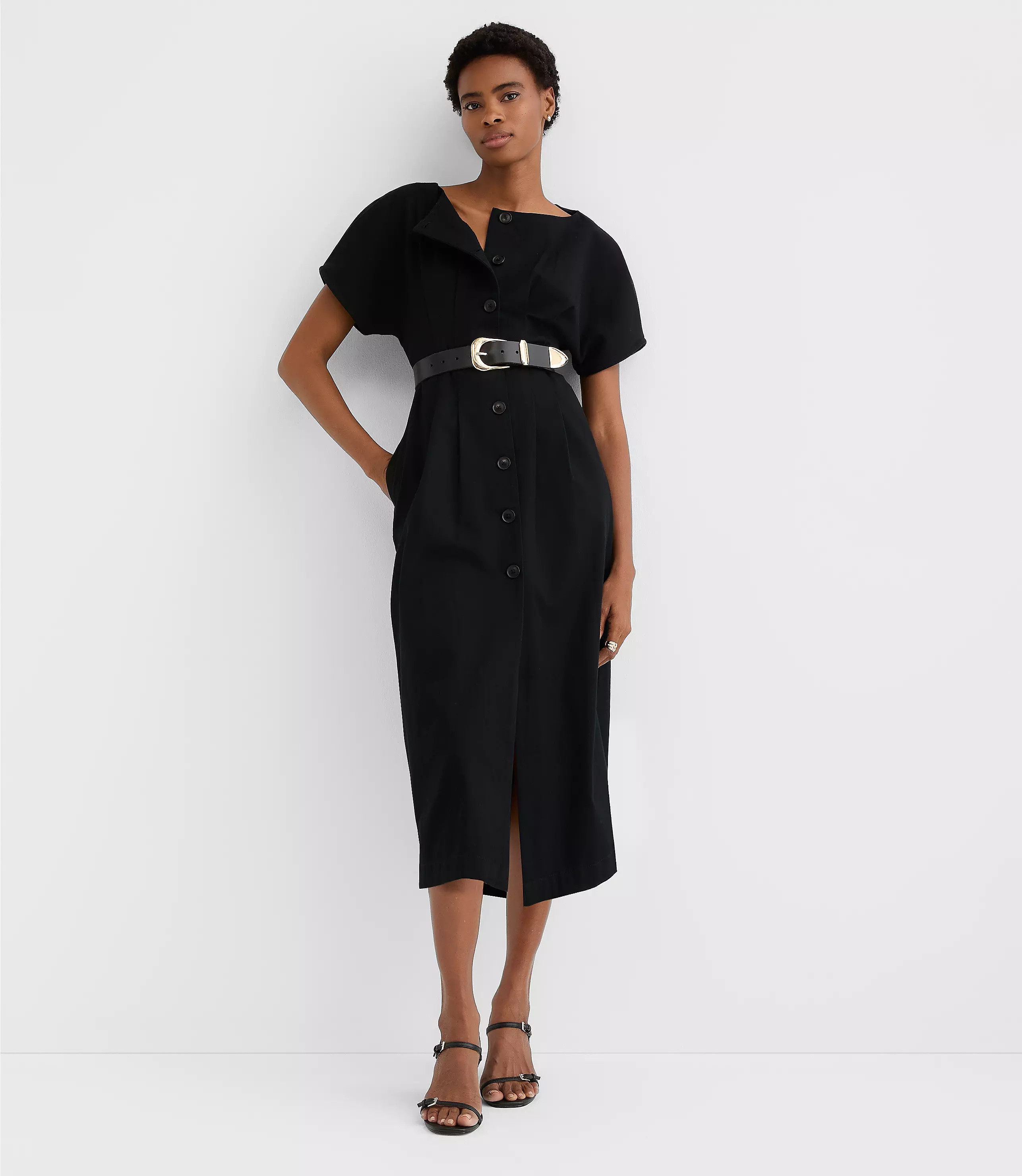 Pleated Barrel Sleeve Midi Pocket Dress | LOFT