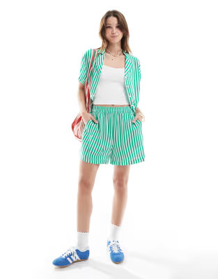 Pieces short sleeve boxy shirt and boyfriend fit shorts set in green and white stripe | ASOS (Global)