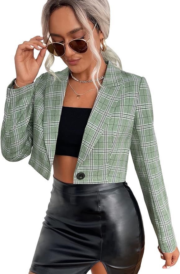 WDIRARA Women's Plaid One Button Open Front Long Sleeve Lapel Cropped Blazer Jacket Green S at Am... | Amazon (US)