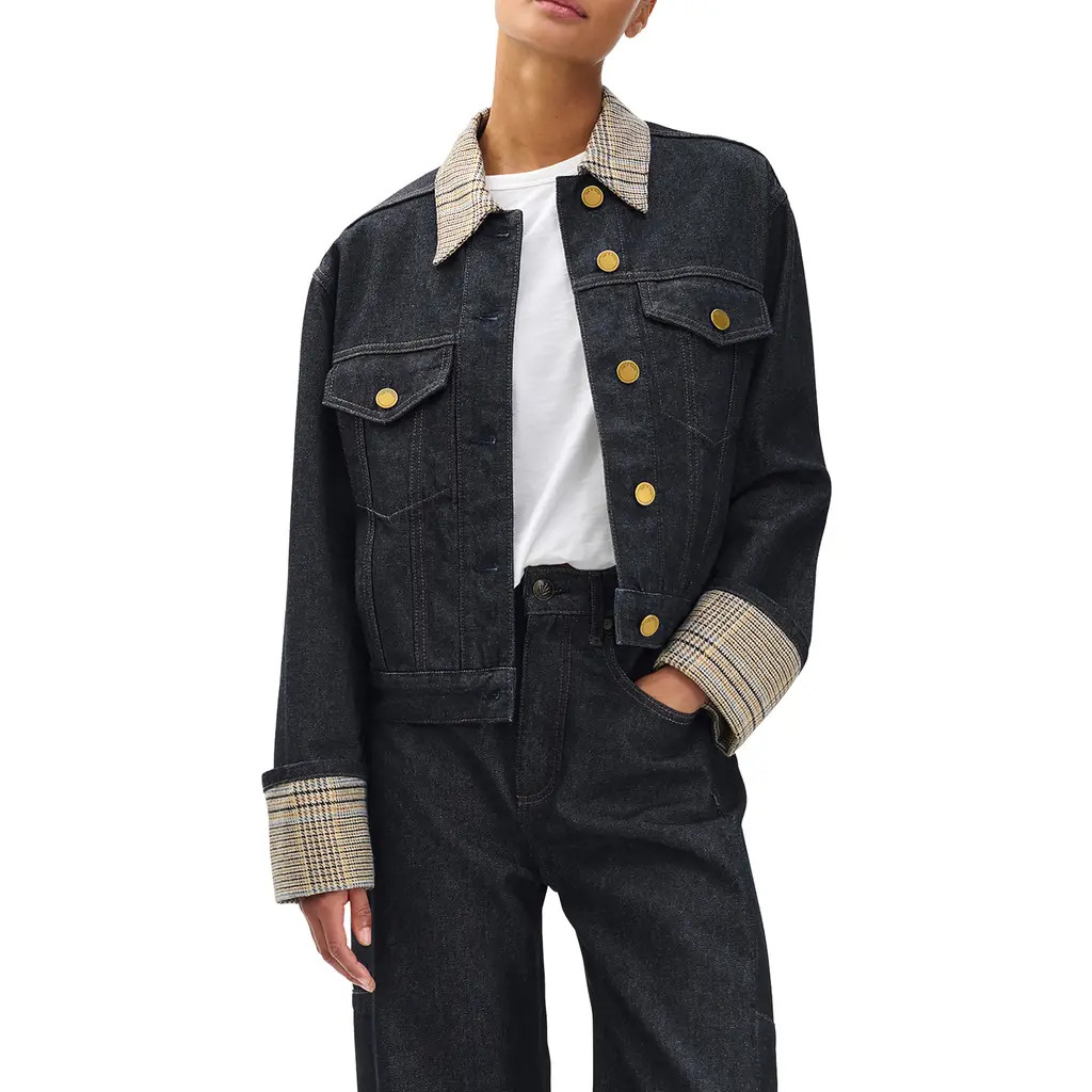 rag & bone Harriet Contrast Print Denim Trucker Jacket in Dark Blue at Nordstrom Rack, Size Small | Nordstrom Rack