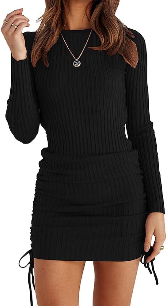 Women's Long Sleeve Ribbed Knit Casual Bodycon Mini Dress Ruched Drawstring Fall Pullover Sweater Dr | Amazon (US)