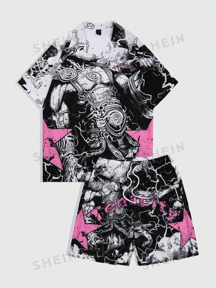 ROMWE Street Life Men's Summer Fashion Starry Character Print Short Sleeve Shirt And Shorts Set |... | SHEIN