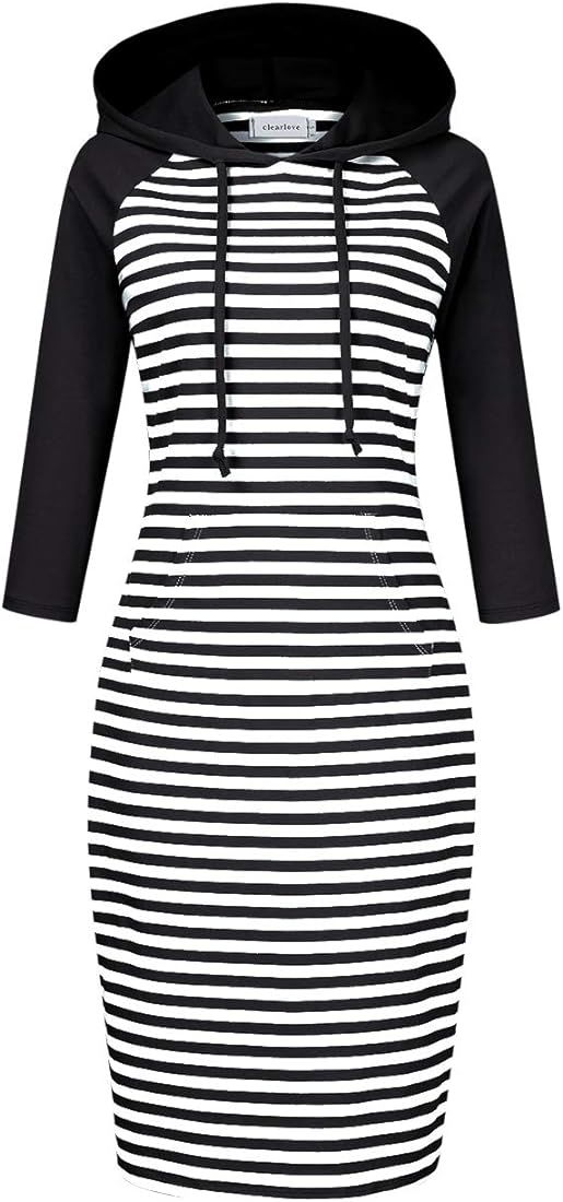 Clearlove Women's Stripe Pocket Knee Length Slim Pullover Hoodie Dress | Amazon (US)