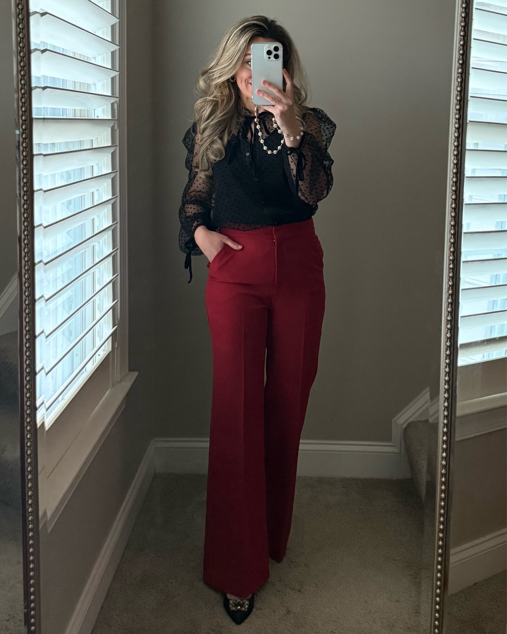 Office Christmas party outfit, holiday party outfit, red pants, sheer black top, embellished pumps

#LTKOver40 #LTKWorkwear #LTKHoliday