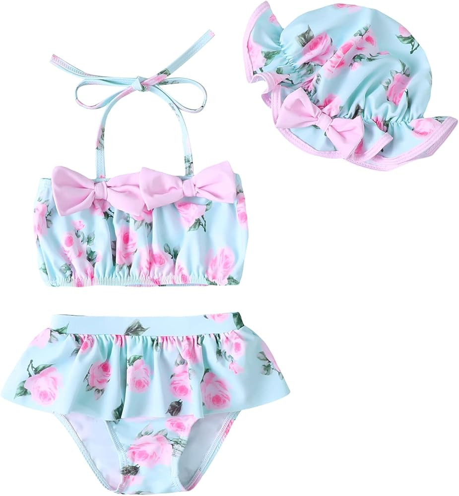 Amazon.com: Baby Girl Summer Swimsuit with Hat Toddler Girls Bikini Sets Infant Bathing Suit Beac... | Amazon (US)