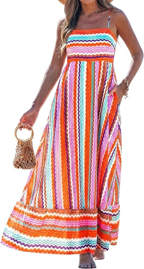 popvil Women Summer Maxi Dress 2026 Spaghetti Strap Long Beach Dress Boho A-Line Flowy Casual Sle... | Amazon (US)